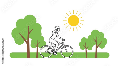 Cyclist riding through a park with trees and a bright sun silhouette