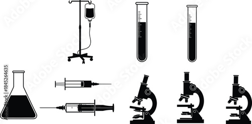 Set of Eight Black Glyph Essential Medical and Scientific Laboratory Icons, Featuring Syringes, Microscope, Test Tubes, and IV Drip, Isolated Vector Symbols for Healthcare Design.