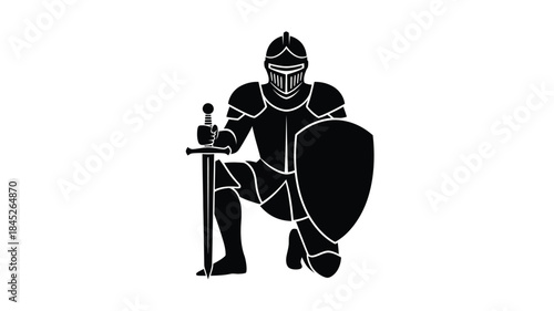 Kneeling knight with sword and shield a striking black silhouette