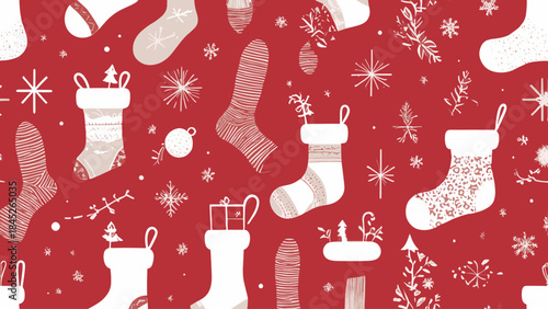 Seamless Red Christmas Stockings and Snowflakes Pattern Background