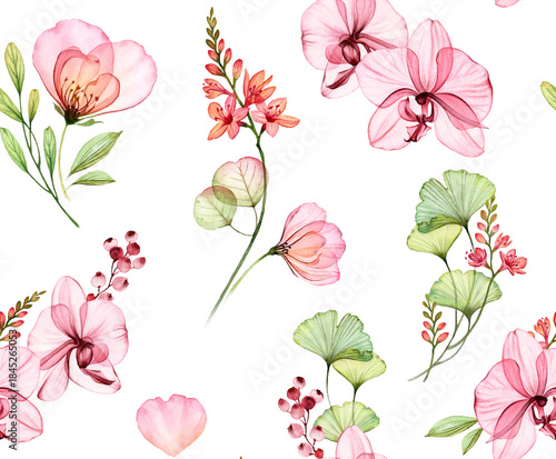 Watercolor rose orchids seamless floral pattern. Transparent pink flowers, gingko leaves tropical colours. Isolated hand drawn background for wallpaper design, textile, fabric