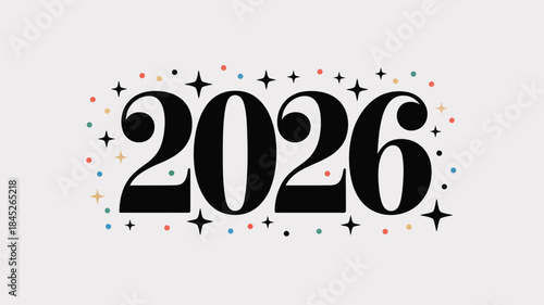 Vibrant 2026 celebration with colorful stars and dots