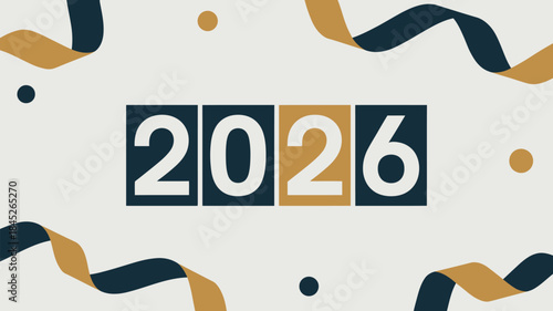 Modern 2026 graphic design with gold and navy ribbons