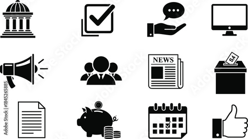 Set of Twelve Essential Black Glyphs, Simple Business, Government, Election, and Finance Icon Collection, Isolated Vector Symbols for Web and Interface Design, Communication and Authority.