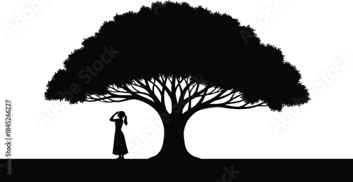 Striking Black Silhouette of a Woman Standing Alone Under a Massive, Spreading Tree with Dense Foliage, Ground Line Isolated Vector Graphic for Nature and Solitude Design.