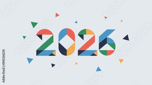 Vibrant 2026 celebration with colorful geometric shapes