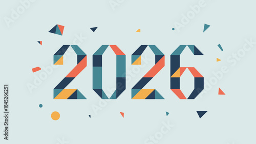 Vibrant geometric design celebrating the year 2026 with colorful shapes