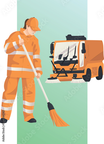 A female cleaner is sweeping the street with a broom. Behind her is a garbage bin.