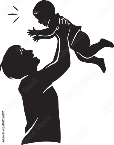 The image depicts a father joyfully playing with his baby. The father is holding the baby high above his head, and the baby appears to be laughing and enjoying the moment. 