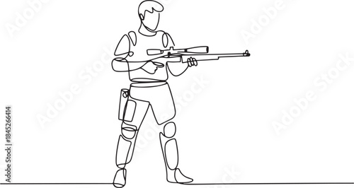 Single continuous line drawing of young male soldier pose standing and holding sniper weapon.one line  vector illustration  with out background