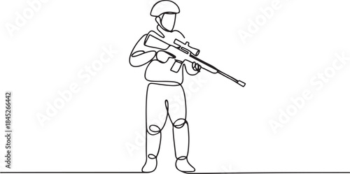Single continuous line drawing of young male soldier pose standing and holding sniper weapon.one line  vector illustration  with out background