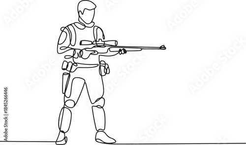 Single continuous line drawing of young male soldier pose standing and holding sniper weapon.one line  vector illustration  with out background