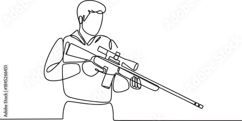 Single continuous line drawing of young male soldier pose standing and holding sniper weapon.one line  vector illustration  with out background