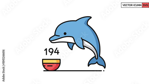 A playful blue dolphin leaps from the water, with a numerical score of 194 displayed in front of it, suggesting a game or achievement