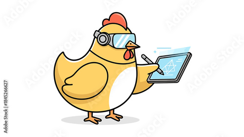 Whimsical chicken wearing VR headset and holding a digital tablet, symbolizing technology and innovation in a playful, cartoonish style