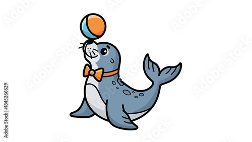 A playful seal balancing a colorful ball on its nose, adorned with a bow tie, showcasing a delightful circus performance