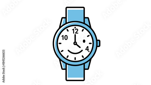 A cheerful cartoon wrist watch with a happy face and blue strap, representing time and punctuality with a friendly touch