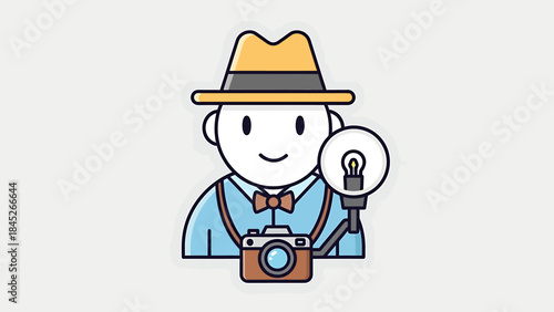 A cheerful cartoon photographer with a vintage camera and flash, depicted in a flat illustration style