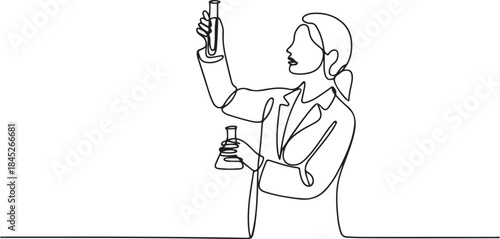 Single continuous line drawing a female scientist is conducting experiments in a laboratory. Holds a test tube and flask.one line  vector illustration  with out background