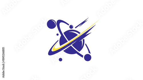 Abstract atomic structure design with swirling lines and orbiting planets, a modern and elegant representation of scientific concepts