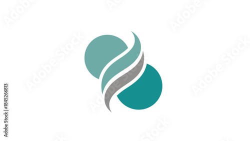 Abstract geometric logo featuring interconnected circles and fluid lines in a teal and grey color palette, representing connection and growth