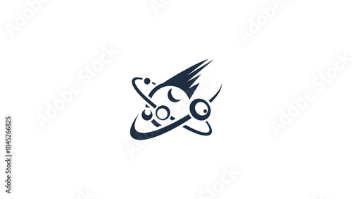 Cosmic Abstract Design Featuring a Celestial Body, Orbiting Spheres, and a Streaking Comet Illustration