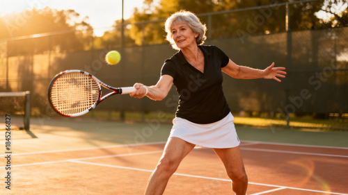 Middle-aged woman in menopause playing recreational tennis outdoors, demonstrating agility, relaxed confidence, and active everyday athletic engagement
