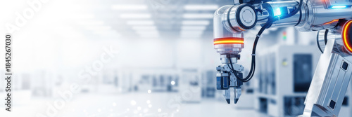 Robotic arm in a smart factory for industry 4.0. Modern industrial automation and manufacturing technology concept. Wide banner with copy space
