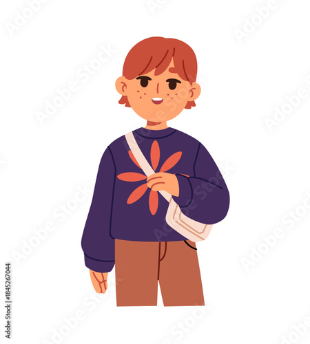 Cute redhead little girl with freckles on her face. Happy red hair kid stands with cross body bag and smiles. Funny child with good mood, positive emotions. Flat isolated vector illustration on white