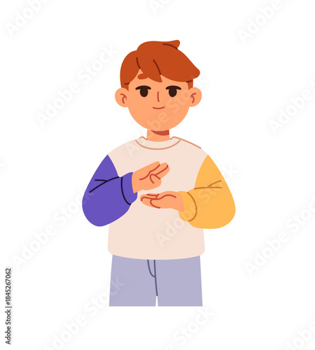 Happy deaf kid communicates with sign language. Cute little boy converses with ASL. Child with difficulty speaking or hearing loss hands gesturing to talk. Flat isolated vector illustration on white