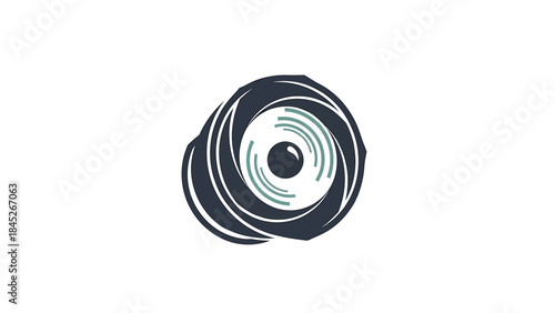 Abstract circular logo with swirling lines, representing a camera aperture or a vortex, in shades of dark blue and teal