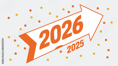 Modern arrow graphic with 2026 and 2025 years in orange