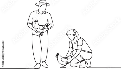 Single one line drawing of man farmer carried the chicken with both hands. The female farmer knelt down to pick up the chicken.one line  vector illustration  with out background