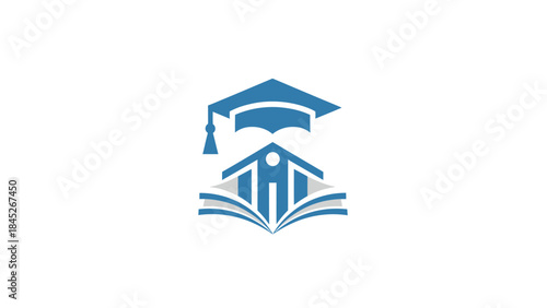 Education and learning concept with an open book, graduation cap, and building illustration