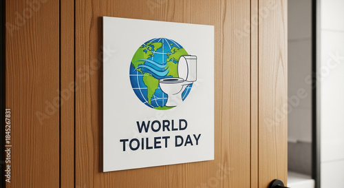 World Toilet Day poster on a restroom door. International observance for global sanitation and public health awareness concept