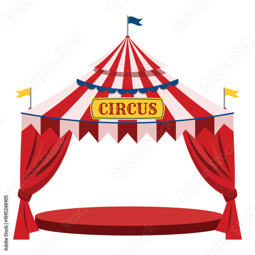 Classic carnival big top tent with red stripes blue trim yellow flags open curtain entrance round stage platform vector graphic illustration