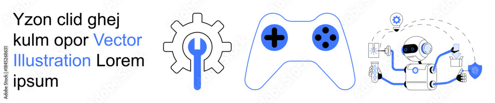 Fototapeta premium Gaming, technology, repair tools, entertainment, cybersecurity, AI. Gear, wrench game controller robot with shield. Gaming and technology concept combining repair and cybersecurity