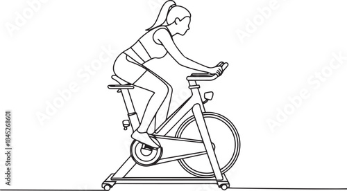 young sportive woman training endurance with static bike in sport gymnasium club center.one line  vector illustration  with out background