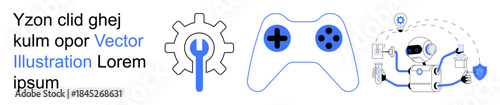 Gaming, technology, repair tools, entertainment, cybersecurity, AI. Gear, wrench game controller robot with shield. Gaming and technology concept combining repair and cybersecurity