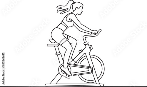 young sportive woman training endurance with static bike in sport gymnasium club center.one line  vector illustration  with out background