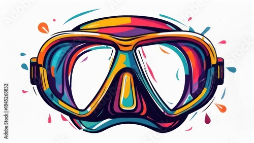 Vivid scuba mask illustration, colorful splash design, isolated on white