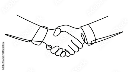 Minimalist single-line drawing of handshake gesture, abstract continuous line art symbolizing agreement, partnership, unity, and cooperation in elegant black and white vector illustration 