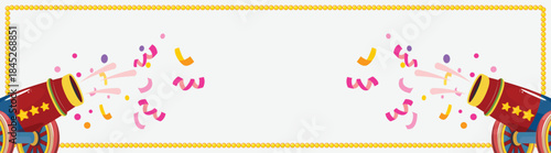 Confetti shooters decorate horizontal border with ribbons and dots, cheerful backdrop for promo coupon or event sale web header design.