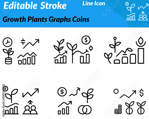 A modern growth icon combining rising bar graphs. Stacked coins and a small plant sprouting upward. Designed with clean lines financial growth investment sustainability profit long-term development.