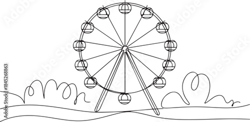 a ferris wheel in park, a circular circle turning high in the sky.one line  vector illustration  with out background