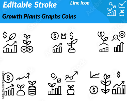 A modern growth icon combining rising bar graphs. Stacked coins and a small plant sprouting upward. Designed with clean lines financial growth investment sustainability profit long-term development.