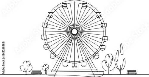 a ferris wheel in park, a circular circle turning high in the sky.one line  vector illustration  with out background