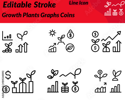 A clean growth icon featuring rising bar graphs stacked coins fresh plant growing upward. The design represents financial progress investment growth sustainability profitability and long-term success.
