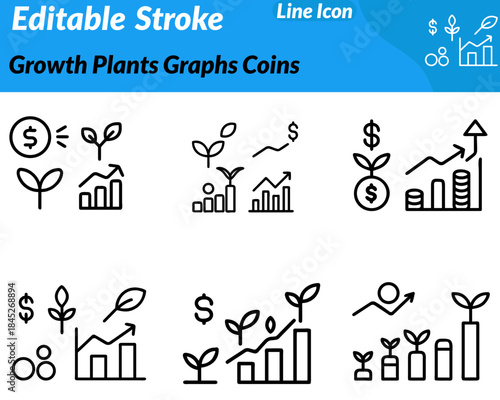 A clean growth icon featuring rising bar graphs stacked coins fresh plant growing upward. The design represents financial progress investment growth sustainability profitability and long-term success.