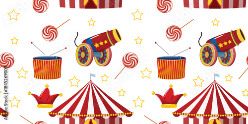 Colorful carnival icons arranged in repeat: big top, jester hat, sweets, percussion, star shapes